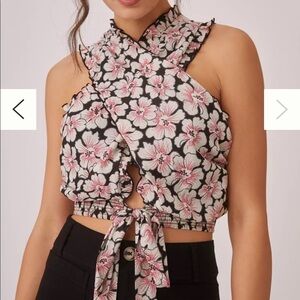Anthropologie Black Floral Pink White Cropped Tie-Front Top